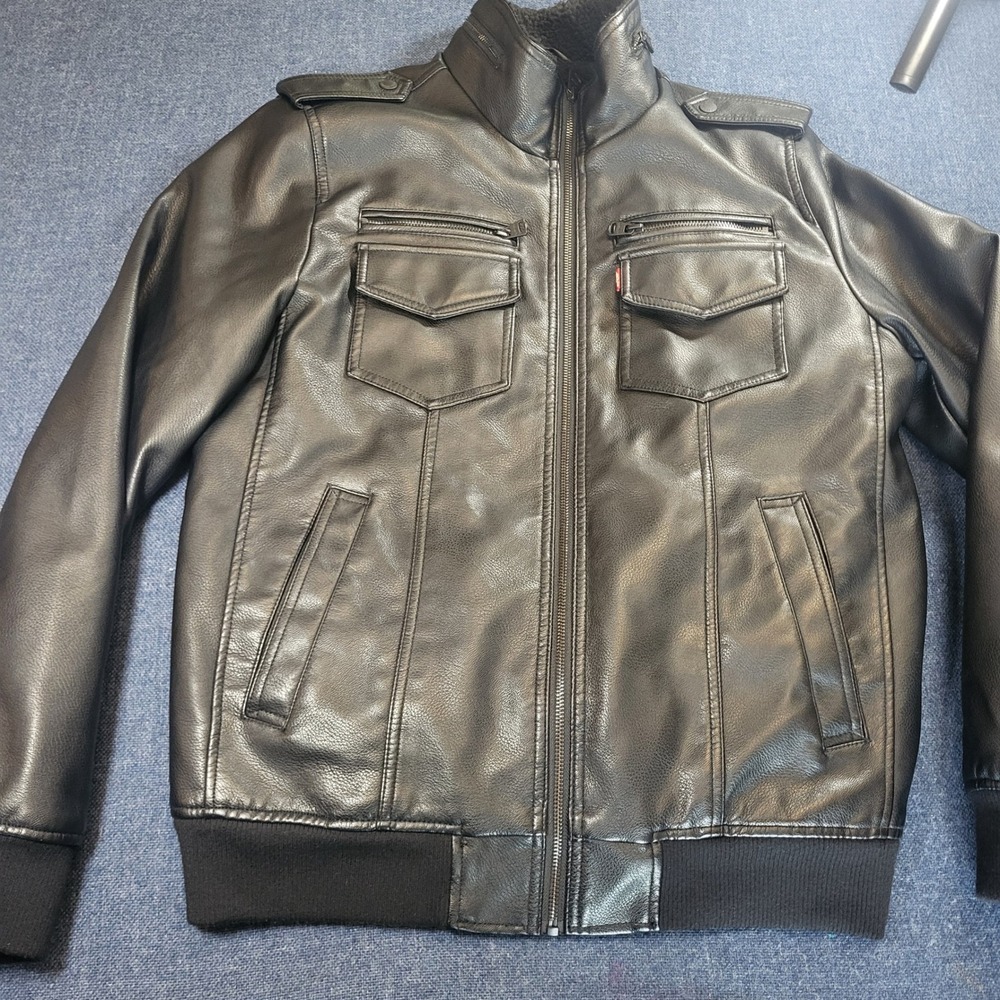 Levis Mens Black Faux Leather Sherpa Lined Bomber Flight Jacket Medium Coat